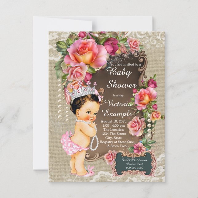 Burlap Lace Pearl Princess Baby Shower Invitation (Front)