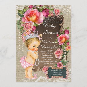 Burlap Lace Pearl Princess Baby Shower Rustic Chic Invitation
