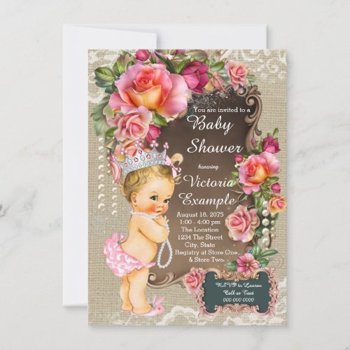 Burlap Lace Pearl Princess Baby Shower Rustic Chic Invitation