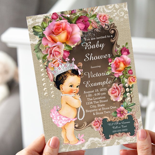 Burlap Lace Pearl Princess Baby Shower Rustic Invitation