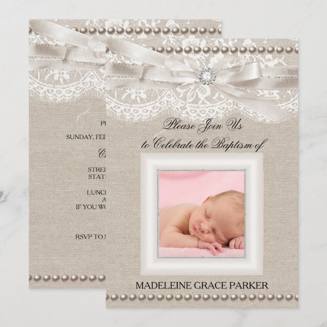 Burlap Lace Photo Baptism/Christening Invitation (Front/Back)