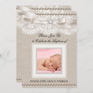 Burlap Lace Photo Baptism/Christening Invitation