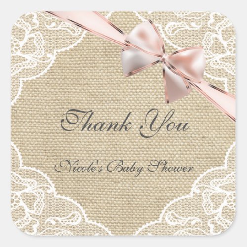 Burlap Lace  Pink Bow Baby Shower Sticker