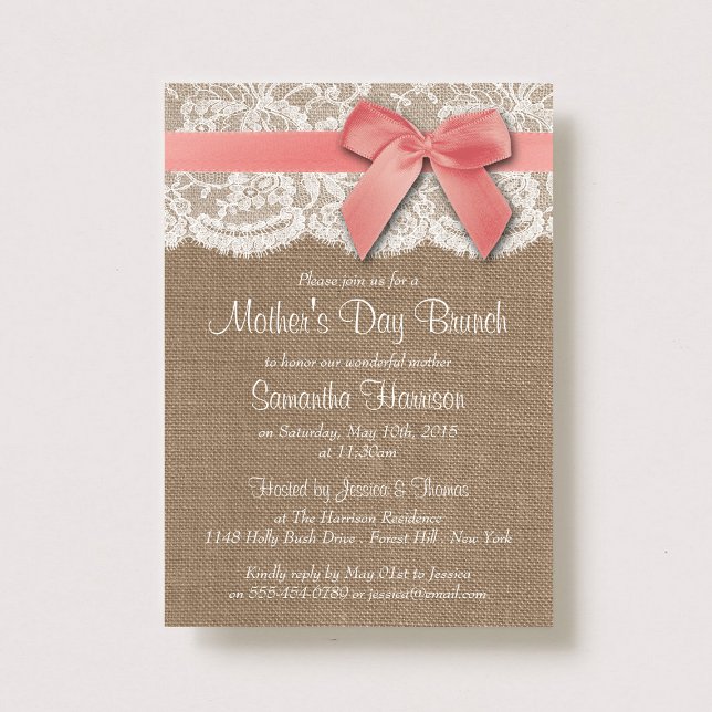 Burlap, Lace & Pink Bow Mother's Day Brunch Invitation (Creator Uploaded)