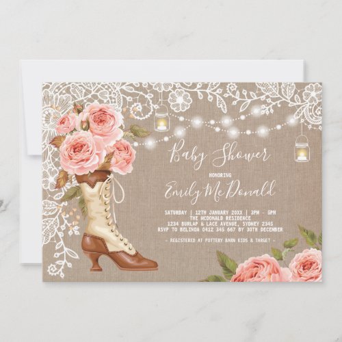 Burlap Lace Pink Floral Baby Shower Cowgirl Boots Invitation