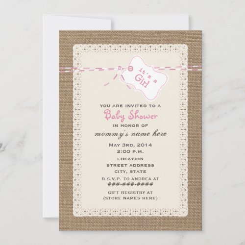 Burlap Lace  Pink Twine Inspired Baby Shower Invitation