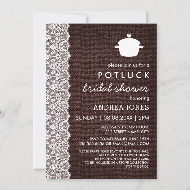 Burlap & Lace Potluck Bridal Shower Invitation (Front)
