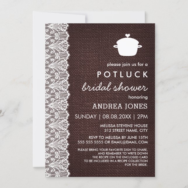 Burlap & Lace Potluck Bridal Shower Invitation (Front)
