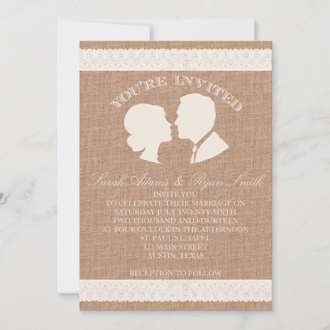 Burlap & Lace Print Wedding Invitation (Front)