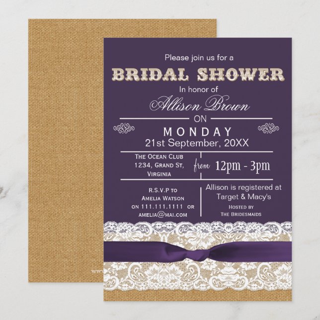 Burlap , lace,purple rustic bridal shower Invites (Front/Back)