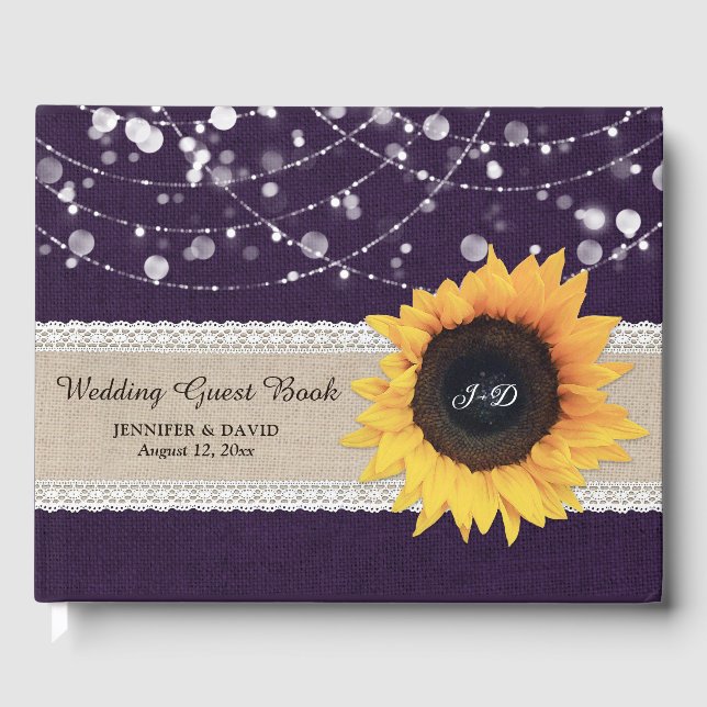 Burlap Lace Purple Sunflower Wedding Guest Book (Front)