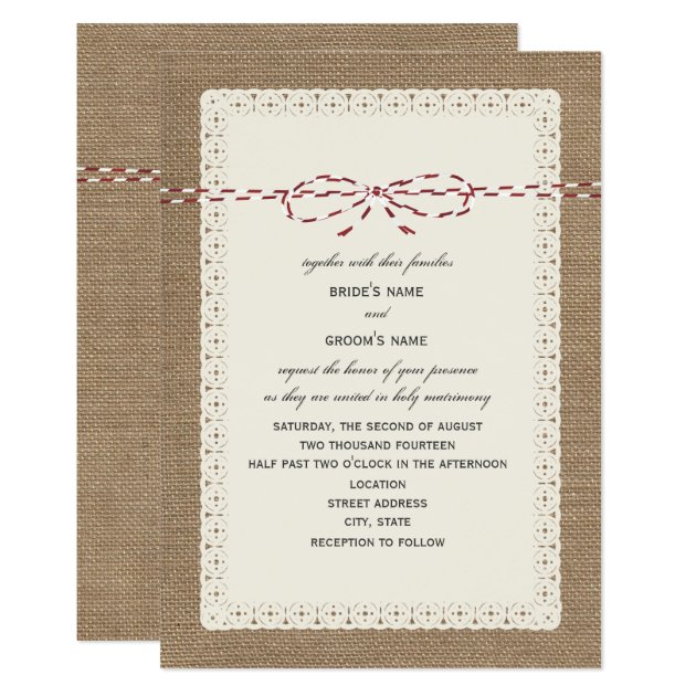 Burlap Lace & Red Paper Twine Inspired Wedding Invitation