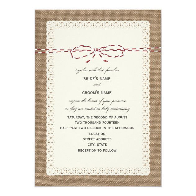 Burlap Lace & Red Paper Twine Inspired Wedding Invitation