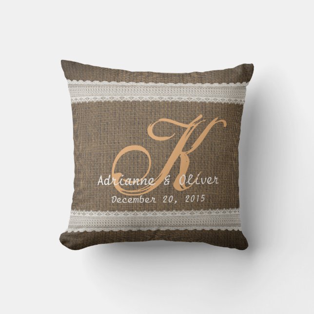 Burlap Lace Rustic Country Wedding Monogram Throw Pillow (Front)