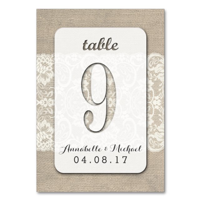 Burlap Lace Rustic Wedding Table Number Card 9 (Front)