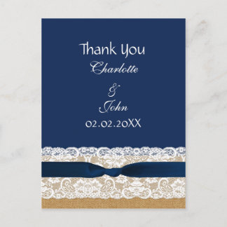 burlap lace, rustic wedding Thank You Postcard