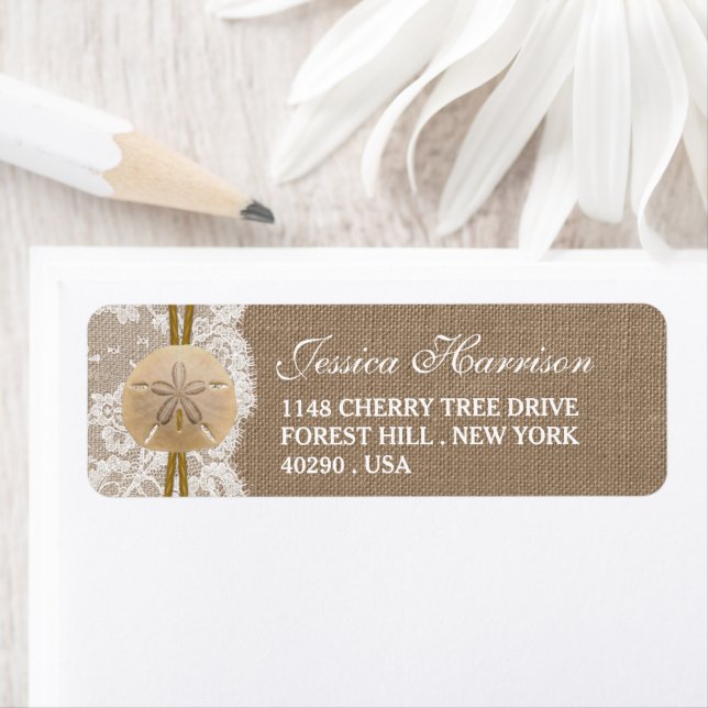 Burlap, Lace & Sand Dollar Beach Bridal Shower Label (Insitu)