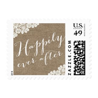 Burlap & Lace Script Happily Ever After Wedding Postage Stamps