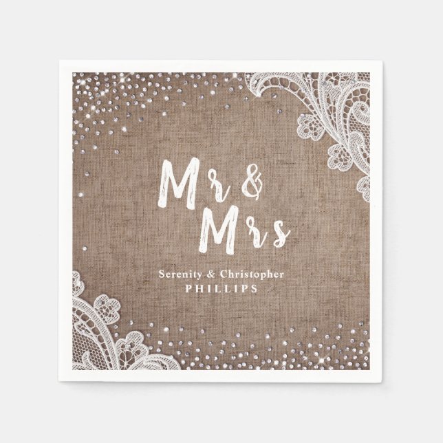 Burlap Lace silver glitter Mr & Mrs rustic wedding Napkins (Front)