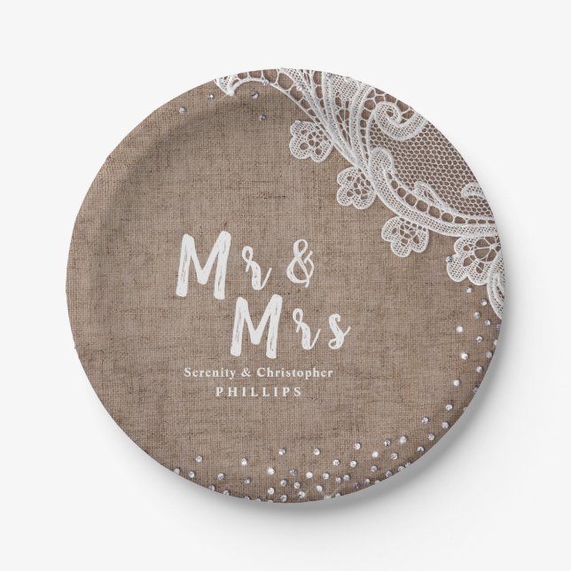 Burlap Lace silver glitter Mr & Mrs rustic wedding Paper Plates (Front)