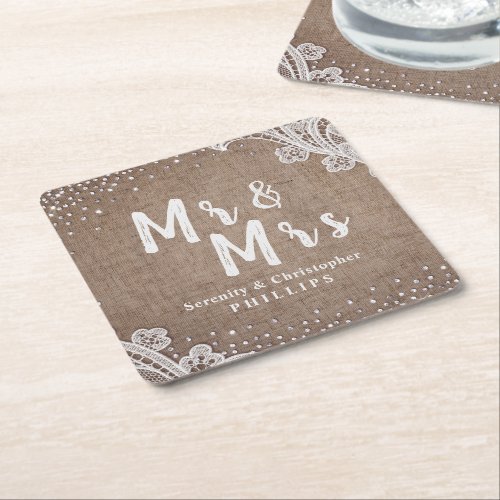 Burlap Lace silver glitter Mr  Mrs rustic wedding Square Paper Coaster