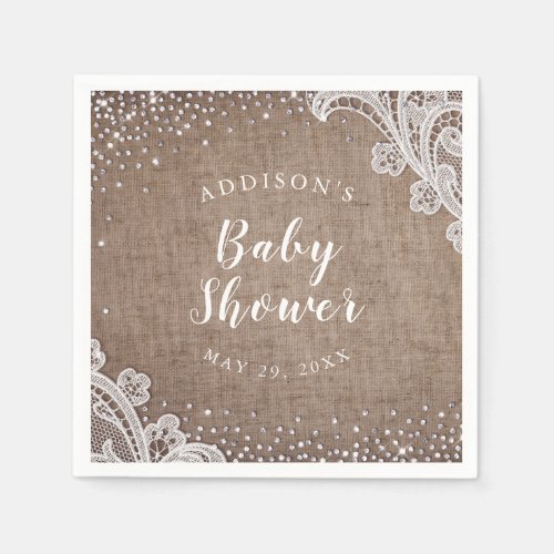 Burlap Lace silver glitter rustic baby shower Napkins