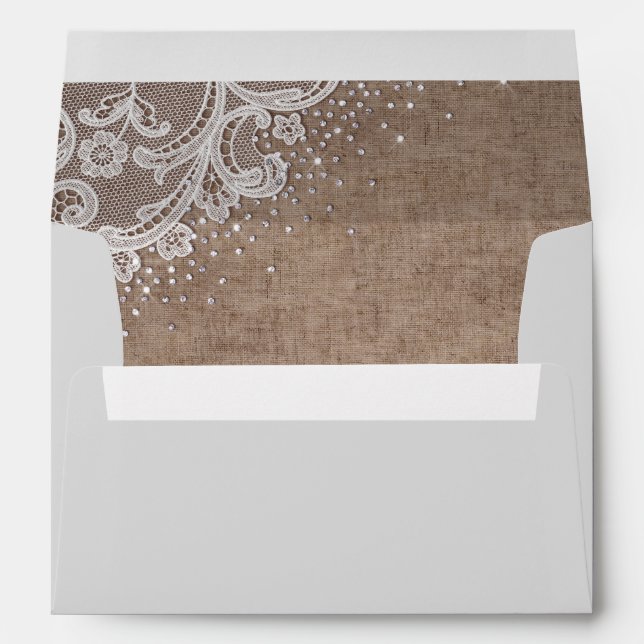 Burlap Lace silver glitter rustic country Wedding Envelope (Back (Bottom))