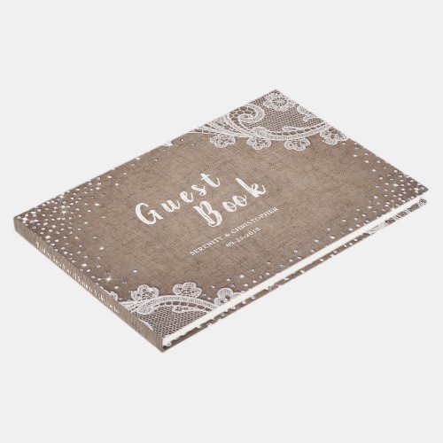 Burlap Lace silver glitter rustic country Wedding Guest Book