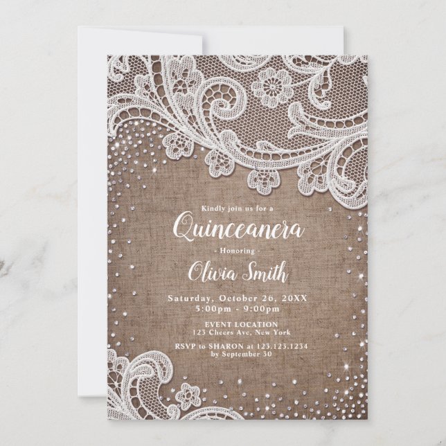 Burlap Lace silver glitter rustic Quinceanera Invitation (Front)
