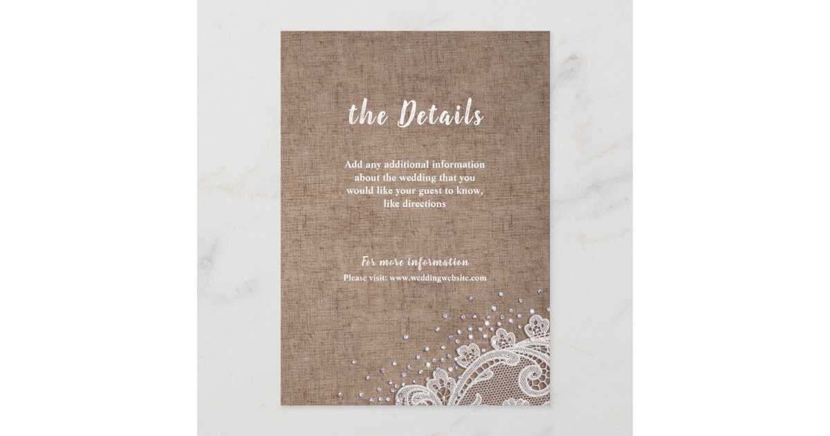 Burlap Lace silver glitter rustic Wedding details Enclosure Card | Zazzle
