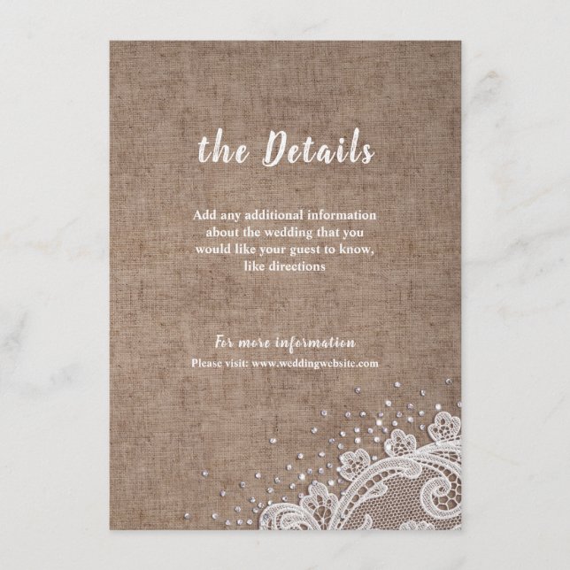 Burlap Lace silver glitter rustic Wedding details Enclosure Card (Front)