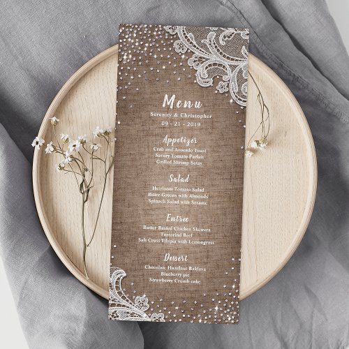 Burlap Lace silver glitter rustic wedding menu