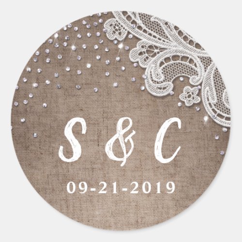 Burlap Lace silver glitter rustic Wedding monogram Classic Round Sticker