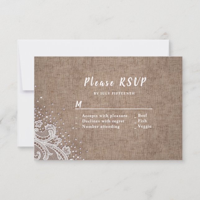Burlap Lace silver glitter rustic Wedding RSVP (Front)