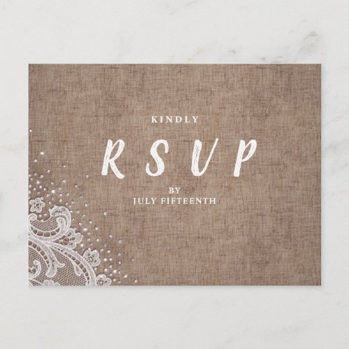 Burlap Lace silver glitter rustic Wedding RSVP Invitation Postcard