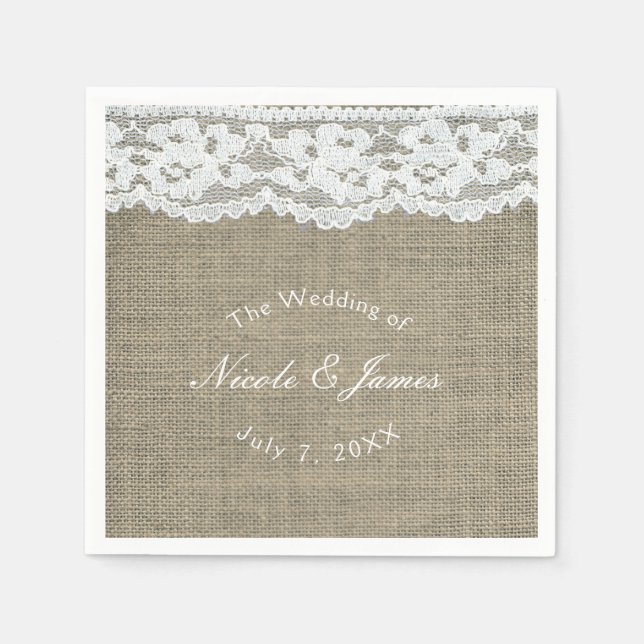 Burlap & Lace Simple Rustic Elegant Wedding Custom Paper Napkins (Front)