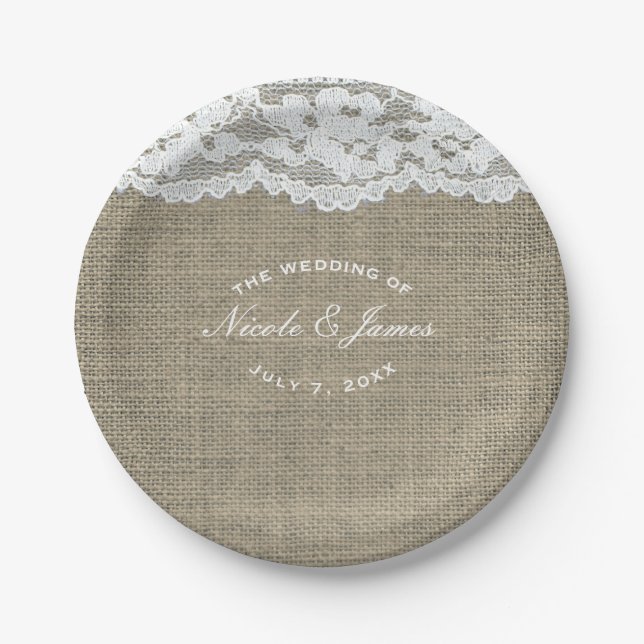 Burlap & Lace Simple Rustic Elegant Wedding Custom Paper Plates (Front)