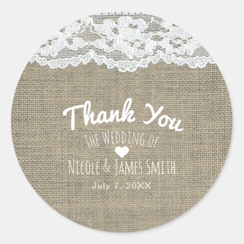 Burlap  Lace Simple Rustic Elegant Wedding Favor Classic Round Sticker