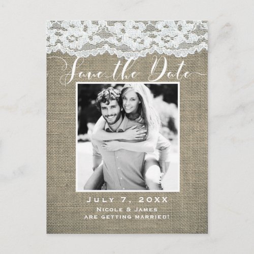 Burlap  Lace Simple Rustic Photo Save the Date Announcement Postcard