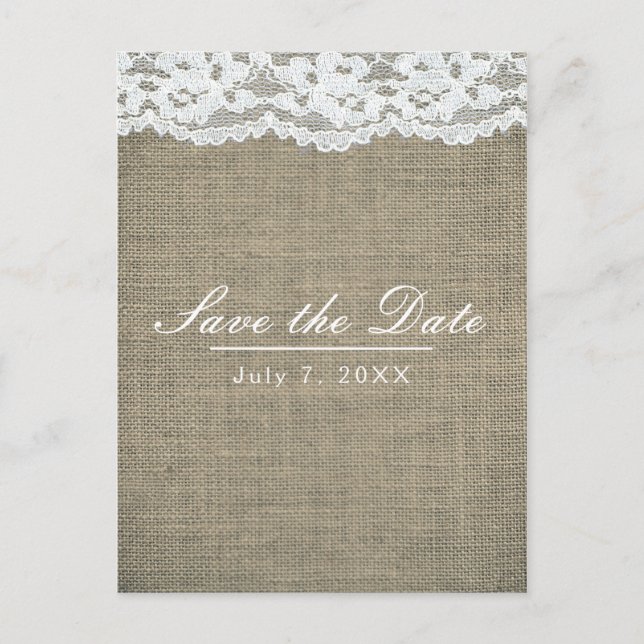 Burlap & Lace Simple Rustic Wedding Save the Date Announcement Postcard (Front)