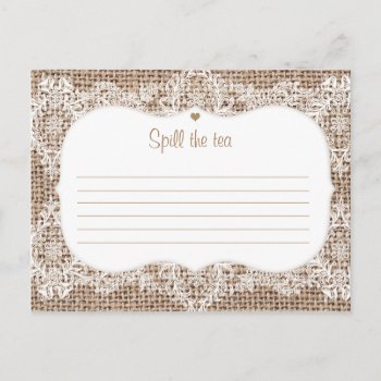 Burlap Lace Spill The Tea Postcard by TheGreekCookie at Zazzle