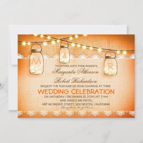 burlap lace string lights and mason jars wedding invitation