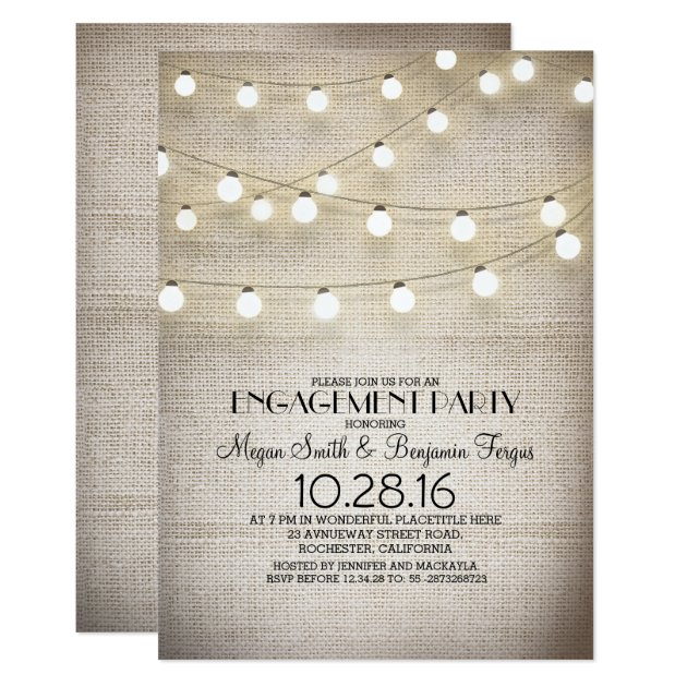 Burlap Lace String Lights Rustic Engagement Party Invitation