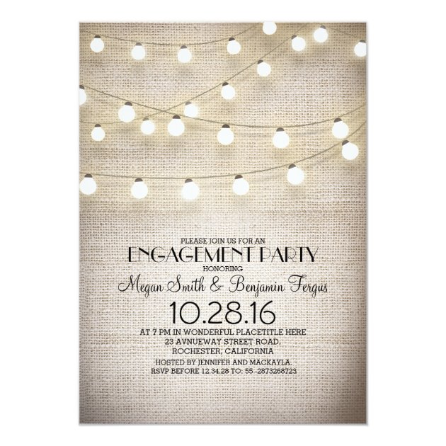 Burlap Lace String Lights Rustic Engagement Party Invitation