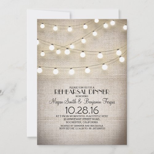 burlap lace string lights rustic rehearsal dinner invitation