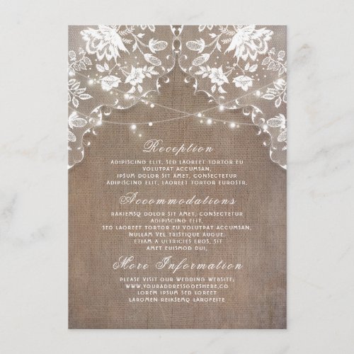 Burlap Lace String Lights Rustic Wedding Details Enclosure Card
