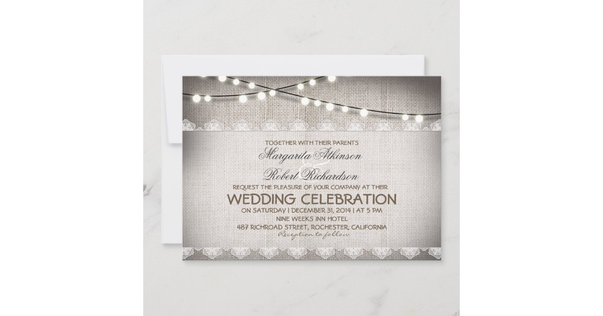 burlap lace string lights rustic wedding invitatio invitation | Zazzle
