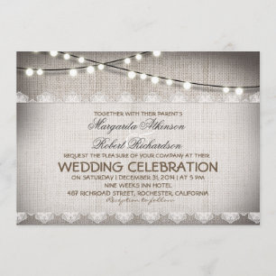 burlap lace string lights rustic wedding invitatio invitation