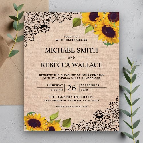 Burlap Lace Sunflower Budget Wedding Invitation