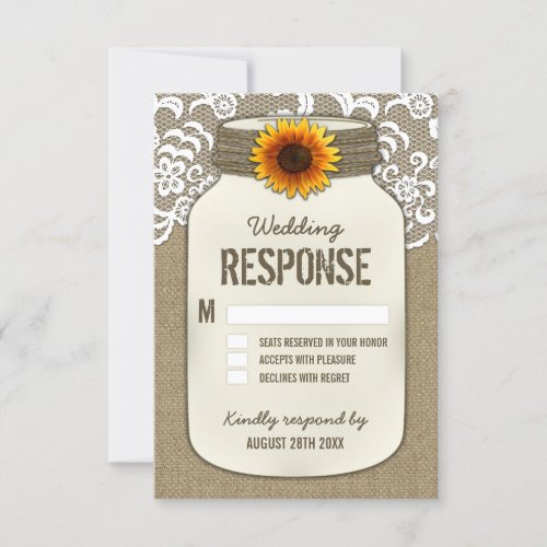 Burlap Lace Sunflower Mason Jar Wedding RSVP Cards